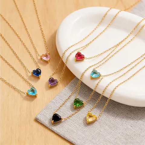 304 Stainless Steel Heart Birthstone Necklace For Women Romantic Light Luxury Zircon Heart Pendant Necklace Birthday Jewelry