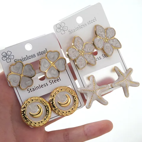 Stainless Steel Flower Starfish Heart Stud Earrings Gold Plated Marble Texture Drip Oil Enamel Light Luxury Fashion Earrings For Women Jewelry