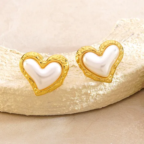 Pendientes de Botón de Corazón de Acero Inoxidable Vintage Francés Martillados Chapados en Oro con Incrustación de Resina Colorida Pendientes en Forma de Corazón para Mujer Joyería de Moda