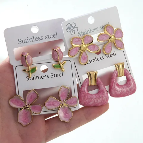 Women's Fashion Stainless Steel Stud Earrings Gold Plated Pink Marble Texture Enamel Flower Butterfly Geometric Earrings Jewelry