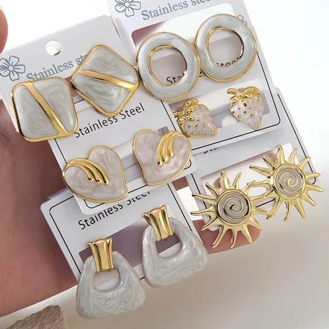 Stainless Steel Flower Starfish Heart Stud Earrings Gold Plated Marble Texture Drip Oil Enamel Light Luxury Fashion Earrings For Women Jewelry