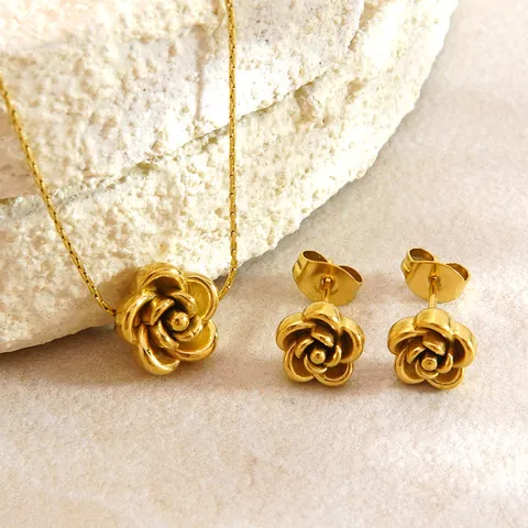 French Vintage Stainless Steel 3D Rose Flower Pendant Necklace And Stud Earrings Jewelry Set For Women Gold Plated Floral Accessory Gift