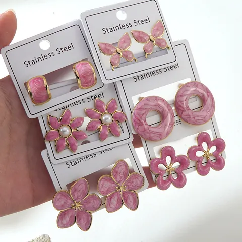 Women's Fashion Stainless Steel Stud Earrings Gold Plated Pink Marble Texture Enamel Flower Butterfly Geometric Earrings Jewelry