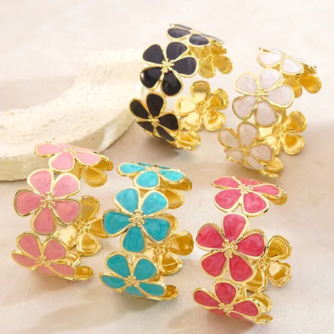 Stainless Steel Enamel Flower Seahorse Open Bangle Gold Plated Marine Life Floral Cuff Bangle Bracelet For Women Party Gift