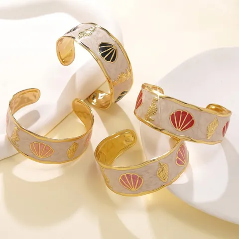 Stainless Steel Open Cuff Bangle Gold Plated Enamel Marble Texture Shell Seahorse Marine Style Adjustable Jewelry Gift Women