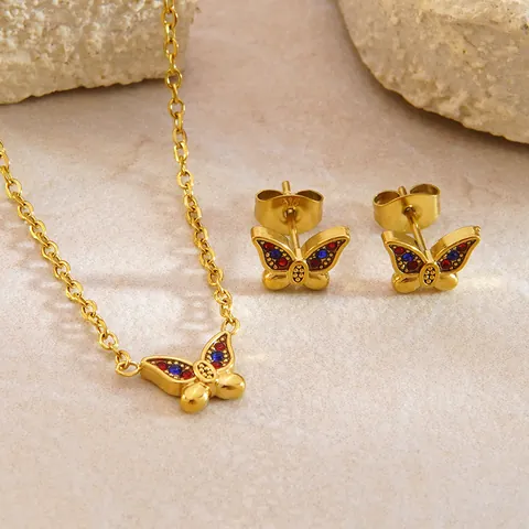 Butterfly Zirconia Necklace And Earrings Jewelry 18K Gold Plated 316L Stainless Steel Red Blue Stone Accessory For Women Gift
