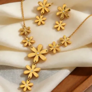 Stainless Steel Daisy Flower Necklace And Earrings For Women Gold Plated Rhinestone Floral Jewelry Accessory For Daily Fashion Gift