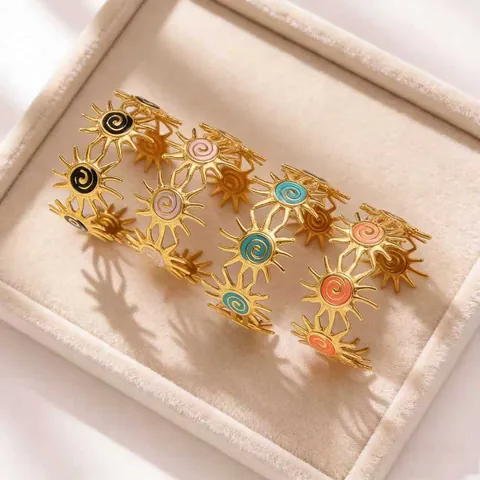 Women Vintage Stainless Steel Sun Bangle Bracelet Gold Plated Enamel Colorful Spiral Sunburst Open Cuff Fashion Jewelry