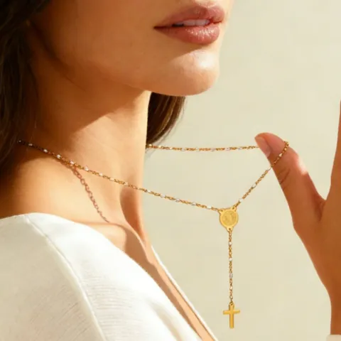 Juego de Joyas de Collar de Rosario de Cruz Y Pulsera de Acero Inoxidable Virgen María Religioso Cuentas Blancas Oro