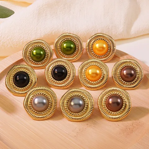 Vintage Stainless Steel Round Button Stud Earrings With Faux Artificial Pearl Gold Sunburst Texture Statement Earrings For Women
