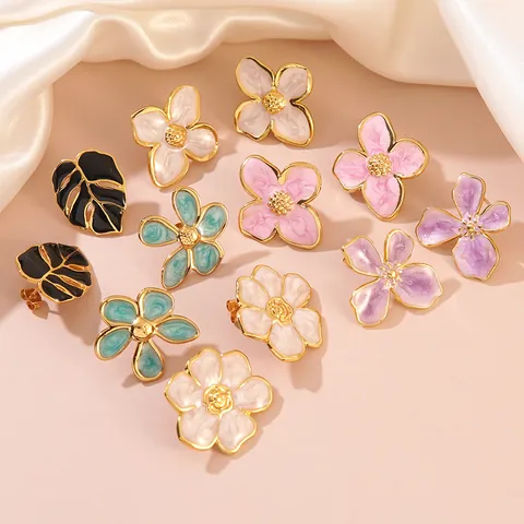 Orecchini a Bottone in Acciaio Inossidabile 304 Vintage a Forma di Fiore e Foglia di Monstera Gioielli Floreali per Donna