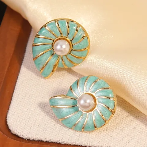 French Vintage Stainless Steel Enamel Shell Conch Stud Earrings For Women Colorful Oil Drip Earrings With Faux Artificial Pearl