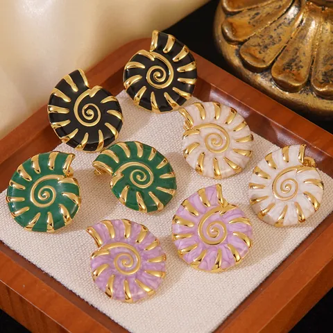 Vintage Stainless Steel Conch Nautilus Stud Earrings For Women Enamel Spiral Drip Oil Marine Style Fashion Jewelry Gift