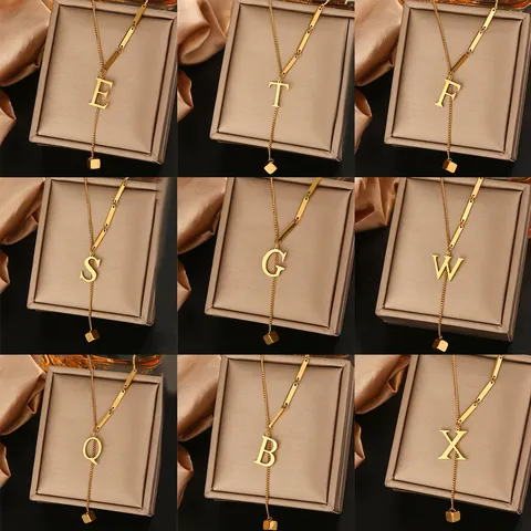 Stainless Steel Initial Letter Pendant Necklace For Women Gold Y Lariat Chain Alphabet Cubic Dangle Necklace Simple Jewelry Gift