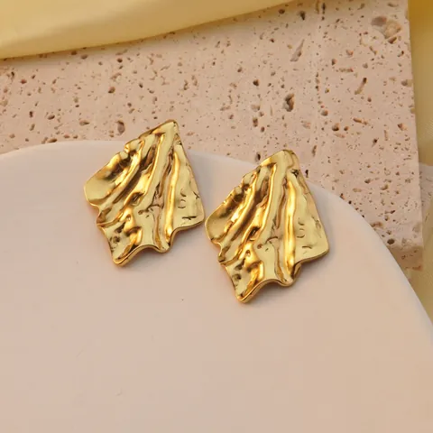 Geometric Stainless Steel Stud Earrings For Women Gold Plated Irregular Wrinkled Woven Daisy Pattern Statement Fashion Jewelry Gift