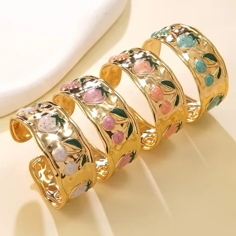 Vintage Stainless Steel Gold Plated Cuff Bracelet Sweet Strawberry Cherry Enamel Fruit Pattern Wide Open Bangle For Women Fashion Jewelry