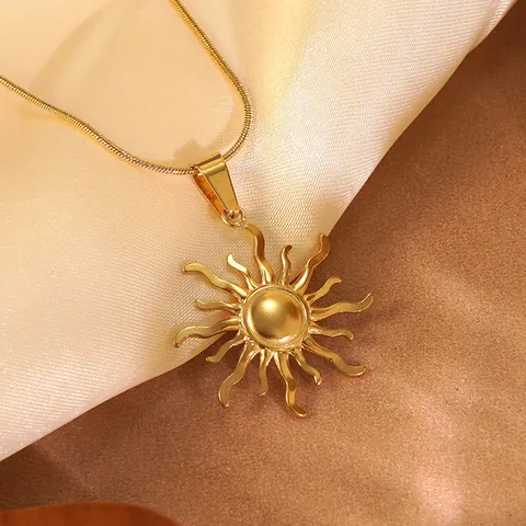 Fashion Stainless Steel Radiating Sun Necklace Earrings And Ring Combination For Women Gold Plated Snake Chain Accessory