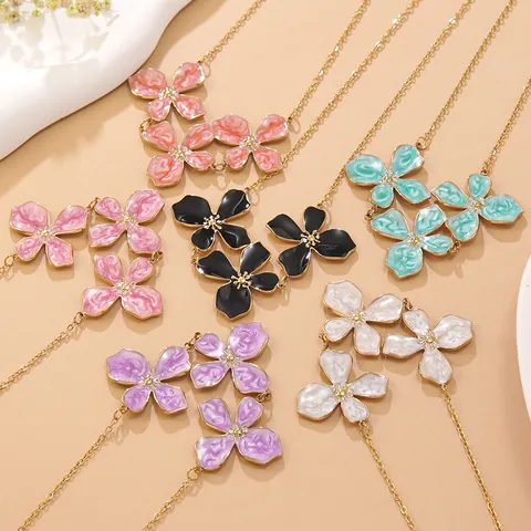 Elegant Stainless Steel Flower Pendant Necklace For Women Gold Plated Enamel Floral Bracelet Fashion Jewelry Accessory
