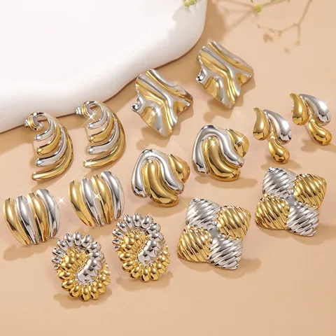 Vintage Stainless Steel Two-Tone Irregular Geometric Stud Earrings For Women Retro Fashion Gold Silver Mixed Color Jewelry Gift
