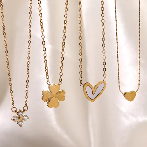 Stainless Steel Heart Flower Four Leaf Clover Pendant Necklace For Women Gold Plated Zirconia Shell Elegant Jewelry Gift