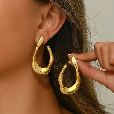 Minimalist Stainless Steel Geometric U-Shaped Irregular Wave Earrings For Women Gold Plated Liquid Metal Style Fashion Jewelry