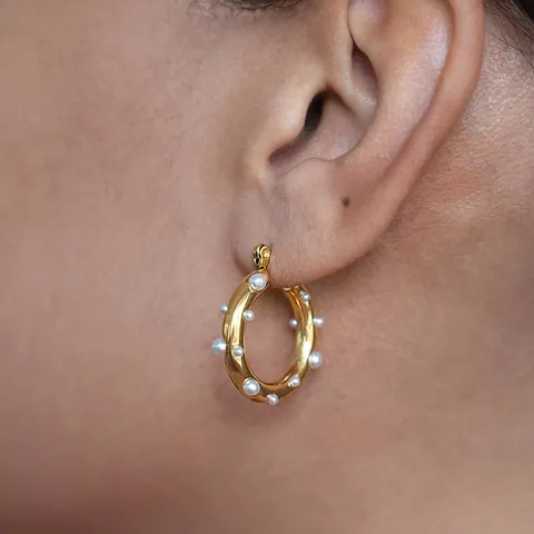 Pendientes de Aro de Perlas Artificiales de Imitación de Acero Inoxidable 316L Bañados en Oro 18K para Mujer Joyería Metálica Vintage Elegante