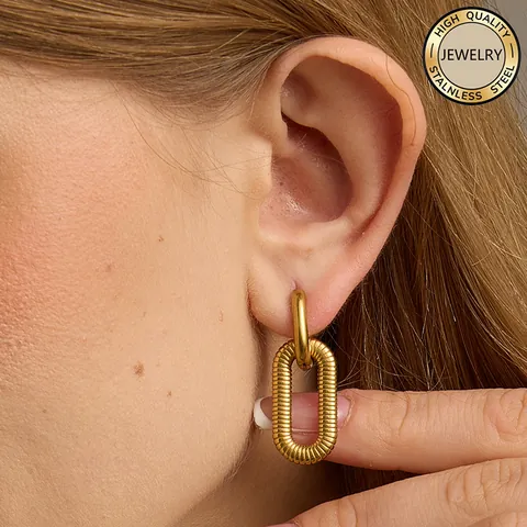 PVD Gold Plated 316L Stainless Steel Double Ring Interlocking Oval Drop Earrings With Threaded Texture For Women Fashion Jewelry