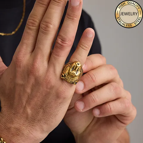 Men's Vintage Punk Tiger Head Ring 316L Stainless Steel PVD Gold Plated Animal Biker Band Ring Hip Hop Jewelry Gift