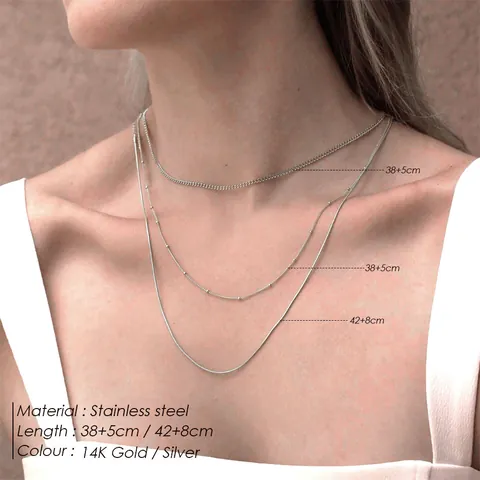 Minimalist Stainless Steel Layered Necklace Curb And Snake And Bead Chain PVD Gold Plated Stackable Choker Jewelry Gift