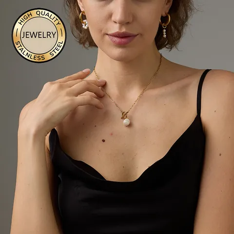 Asymmetric Freshwater Pearl Hoop Earrings 316L Stainless Steel PVD Gold Plated French Retro Elegant Jewelry For Women