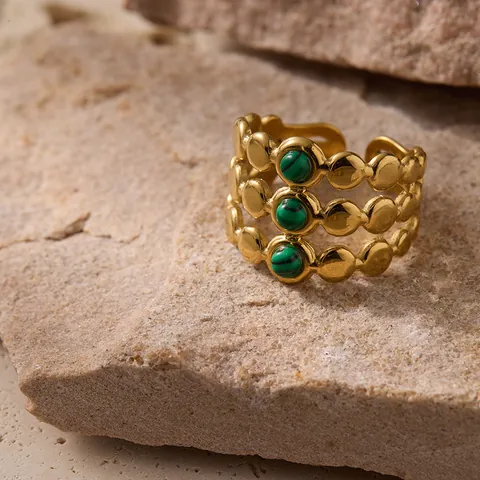 Vintage 316L Stainless Steel Layered Open Ring For Women 18K Gold Plated Malachite Texture Round Green Stone Retro Jewelry