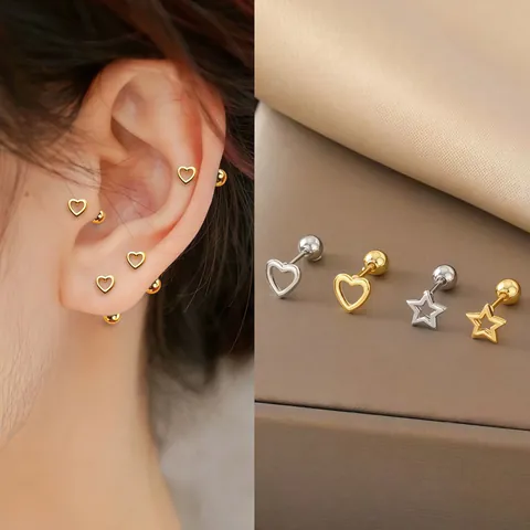 Minimalist Stainless Steel Hollow Heart Star Stud Earrings With Screw Back Gold Silver Plated Tiny Earrings For Women
