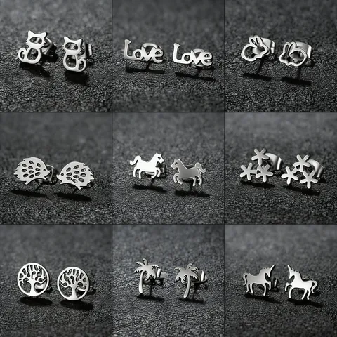 Pendientes de Botón de Acero Inoxidable Mini Estilo Coreano Animales Lindo Gato Conejo Erizo Caballo Árbol de la Vida Corazón Joyas Mujer