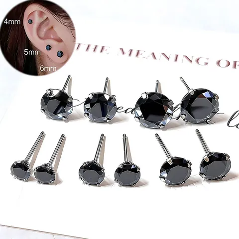 Pendientes de Botón de Acero Inoxidable Minimalista Zirconia Negra Redondo Geométrico Moda Urbana Unisex Joyería de Oreja