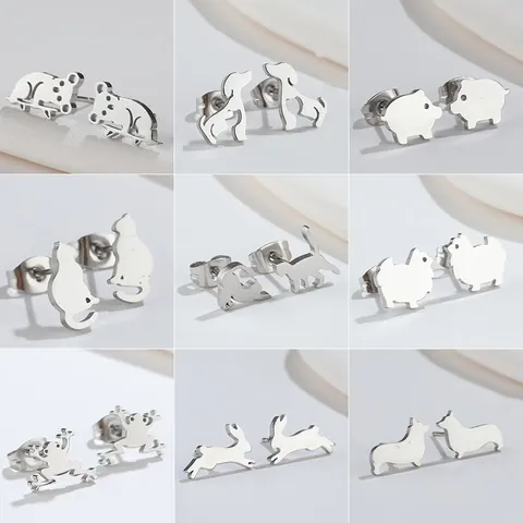 Pendientes de Botón de Animales de Acero Inoxidable Minimalista Lindo Cerdo Gato Perro Conejo Rana Silueta Joyería para Mujer Hombre