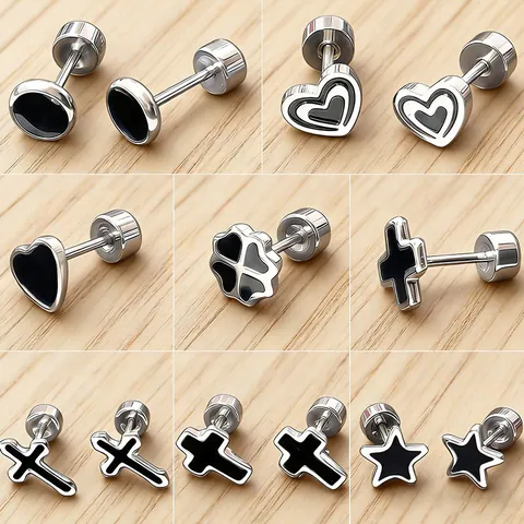 Pendientes de Botón Minimalistas de Acero Inoxidable Unisex Esmalte Negro Corazón Cruz Estrella Trébol Redondo Joyería de Oreja