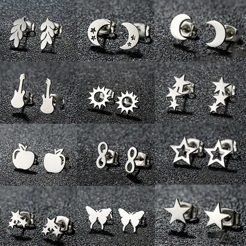 Pendientes de Botón de Acero Inoxidable Lazo Estrella Luna Hoja Cruz Joyería de Oreja Geométrica Minimalista Para Mujeres Hombres Regalo