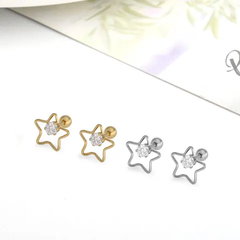 Pendientes de Botón de Acero de Titanio y Zirconia para Mujer Estrella Corazón Redondo Cierre de Bola Roscada Joyería
