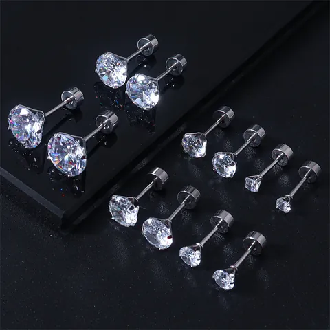 Pendientes de Botón de Acero Inoxidable con Zircón para Mujer Hombre Parte Posterior Plana Tornillo Interno Joyería Piercing