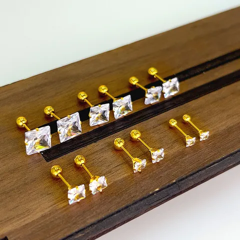 Pendientes de Botón de Zircón Cuadrados de Acero Inoxidable con Cierre de Rosca Joyería de Piercing de Cartílago Unisex Oro Plata