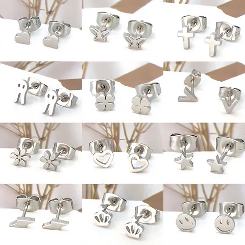 Pendientes de Botón Minimalistas de Acero Inoxidable Para Mujeres Hombres Corazón Estrella Trébol Cara Sonriente Cruz Mariposa V Joyería Regalo