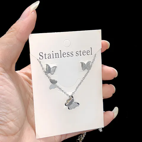 Colección de Collar y Pendientes de Mariposa de Acero Inoxidable Joyería de Mariposa de Doble Capa Para Mujer Regalo