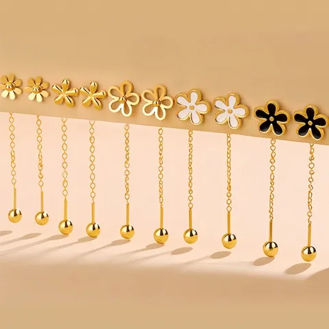 Pendientes Largos de Borla de Acero de Titanio para Mujer Flor Mariposa Corazón Trébol Zirconia Oro Plata Joyería de Moda Minimalista de Lujo