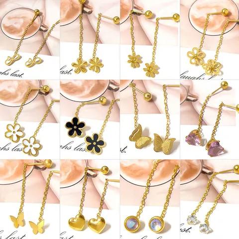 Pendientes Largos de Borla de Acero de Titanio para Mujer Flor Mariposa Corazón Trébol Zirconia Oro Plata Joyería de Moda Minimalista de Lujo