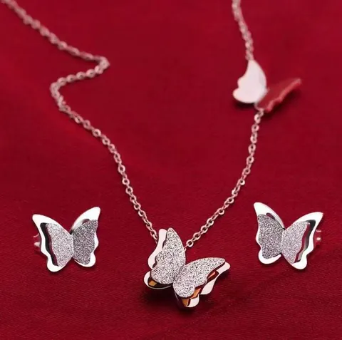 Roestvrijstalen Vlinder Ketting En Oorknopjes Matte Dubbellaagse Hanger Elegante Sieraden Voor Dames