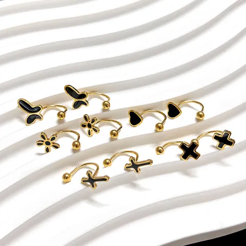 Pendientes Minimalistas en Forma de U Acero de Titanio Esmalte Negro Corazón Mariposa Cruz Patrón Flores Botón Mujer