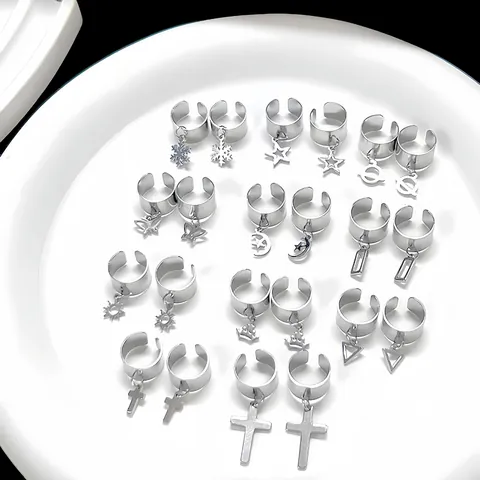 Pendientes de Clip de Acero Inoxidable Cruz Copo de Nieve Estrella Corona Colgante Sin Agujero Unisex Joyería de Plata