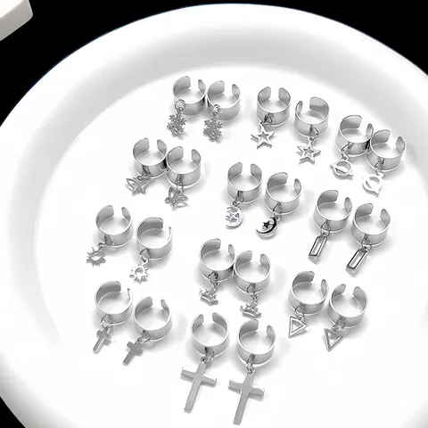 Pendientes de Clip de Acero Inoxidable Cruz Copo de Nieve Estrella Corona Colgante Sin Agujero Unisex Joyería de Plata