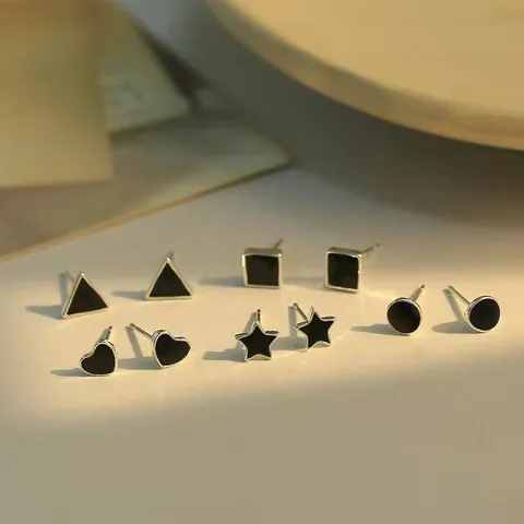 Minimalista Acciaio Inossidabile Smalto Nero Geometrico Orecchini a Bottone Set Stella Cerchio Quadrato Cuore Goccia Gioielli alla Moda
