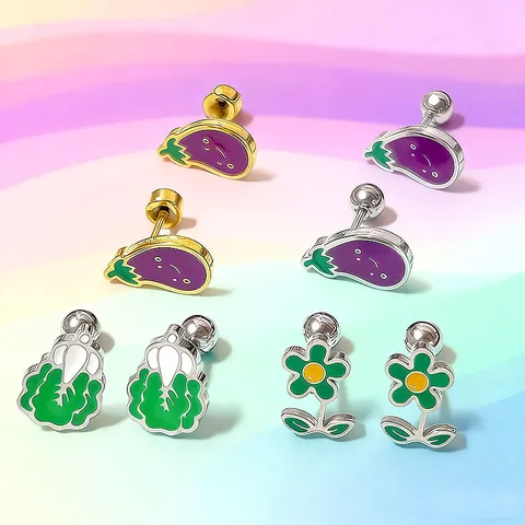 Pendientes de Botón de Acero Inoxidable Esmalte Berenjena Col Flor Cocotero Cierre de Tornillo Joyería de Frutas Verduras Mujer